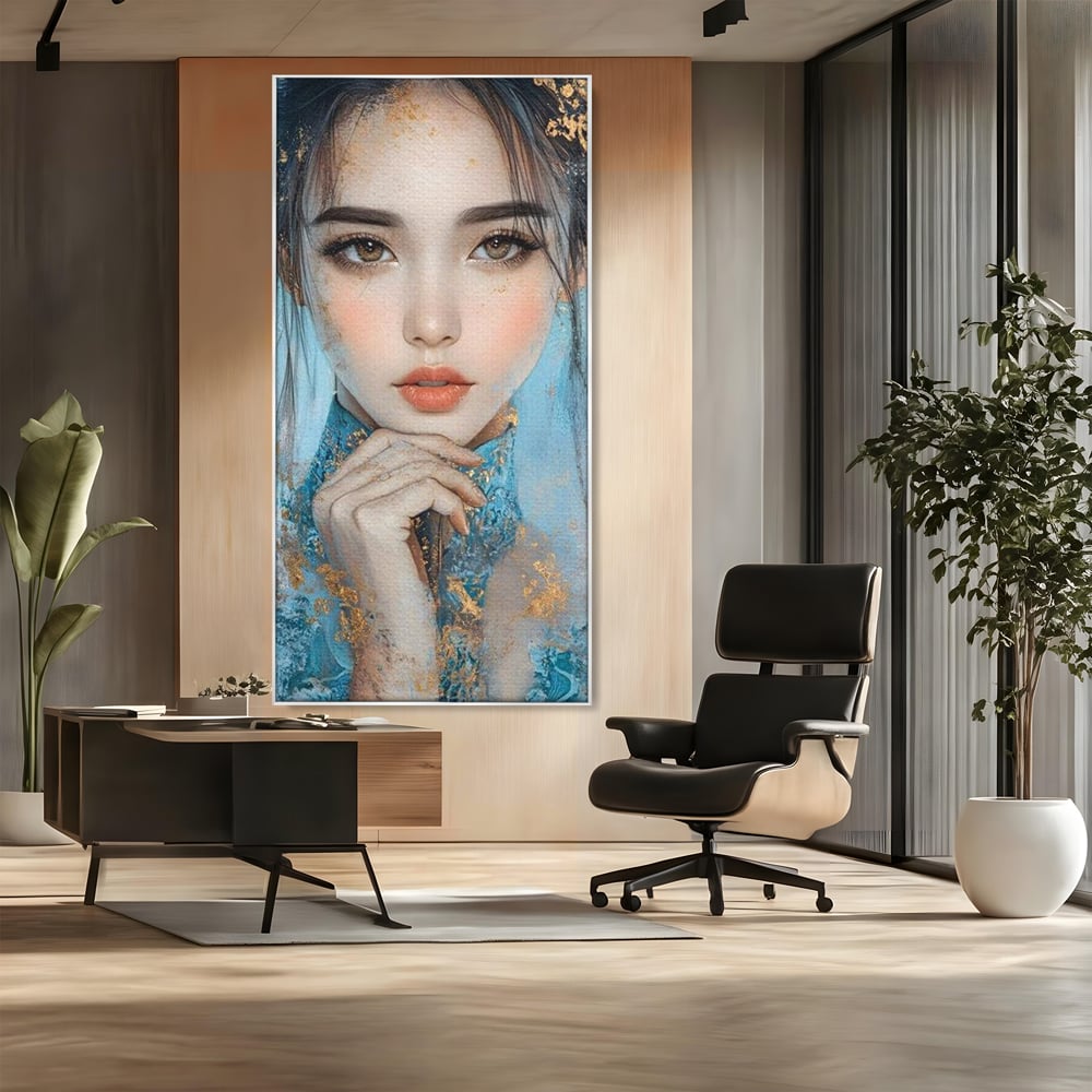 Tablou canvas cu tablou canvas cu chip de femeie, in rama de aluminiu argintiu, pe perete intr-un birou